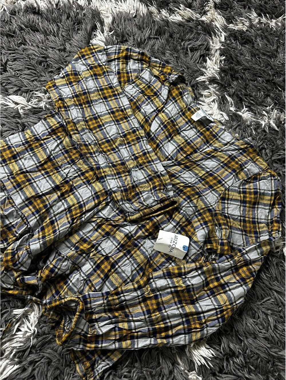 NWT Arizona Jean Co Plaid Peplum Top L Long Sleeve V-Neck Rayon Yellow Blue
